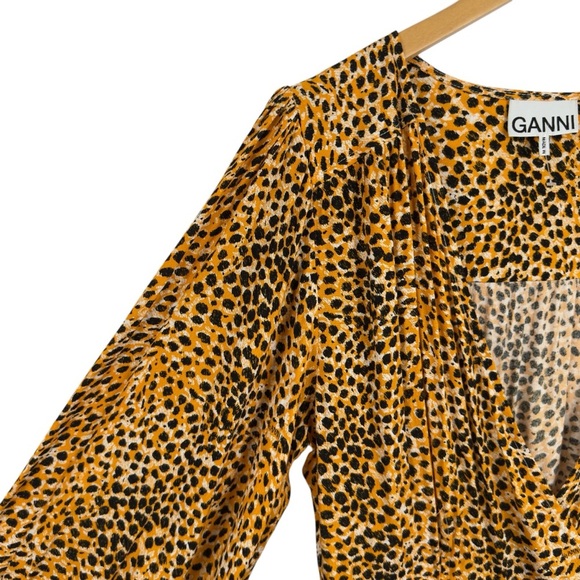 Ganni Wrap-effect Yellow Leopard Print Crepe Buttoned Midi Dress Long Sleeve 42 - Picture 6 of 16
